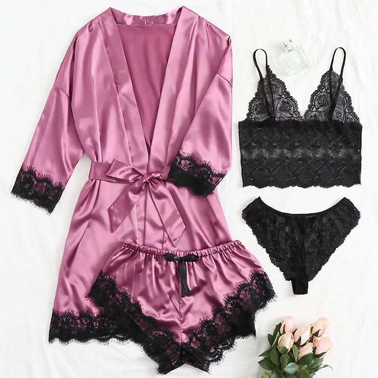 Lace Satin Suspender Nightgown Four-piece Set