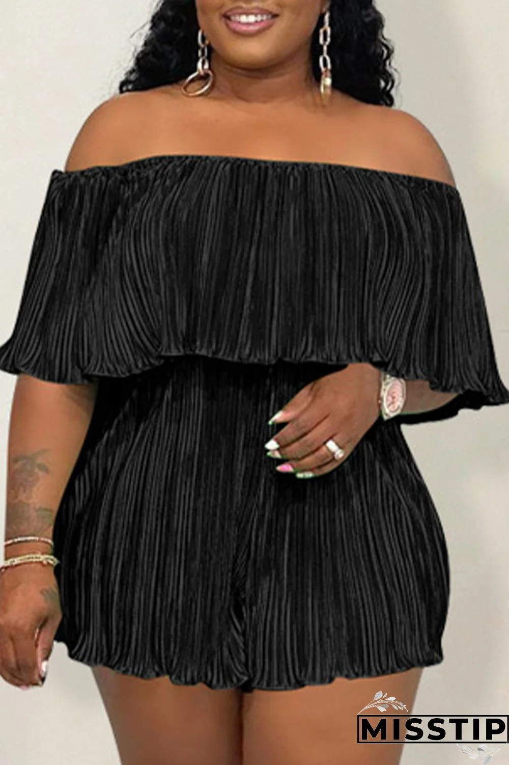 Black Casual Solid Flounce Fold Off the Shoulder Loose Jumpsuits