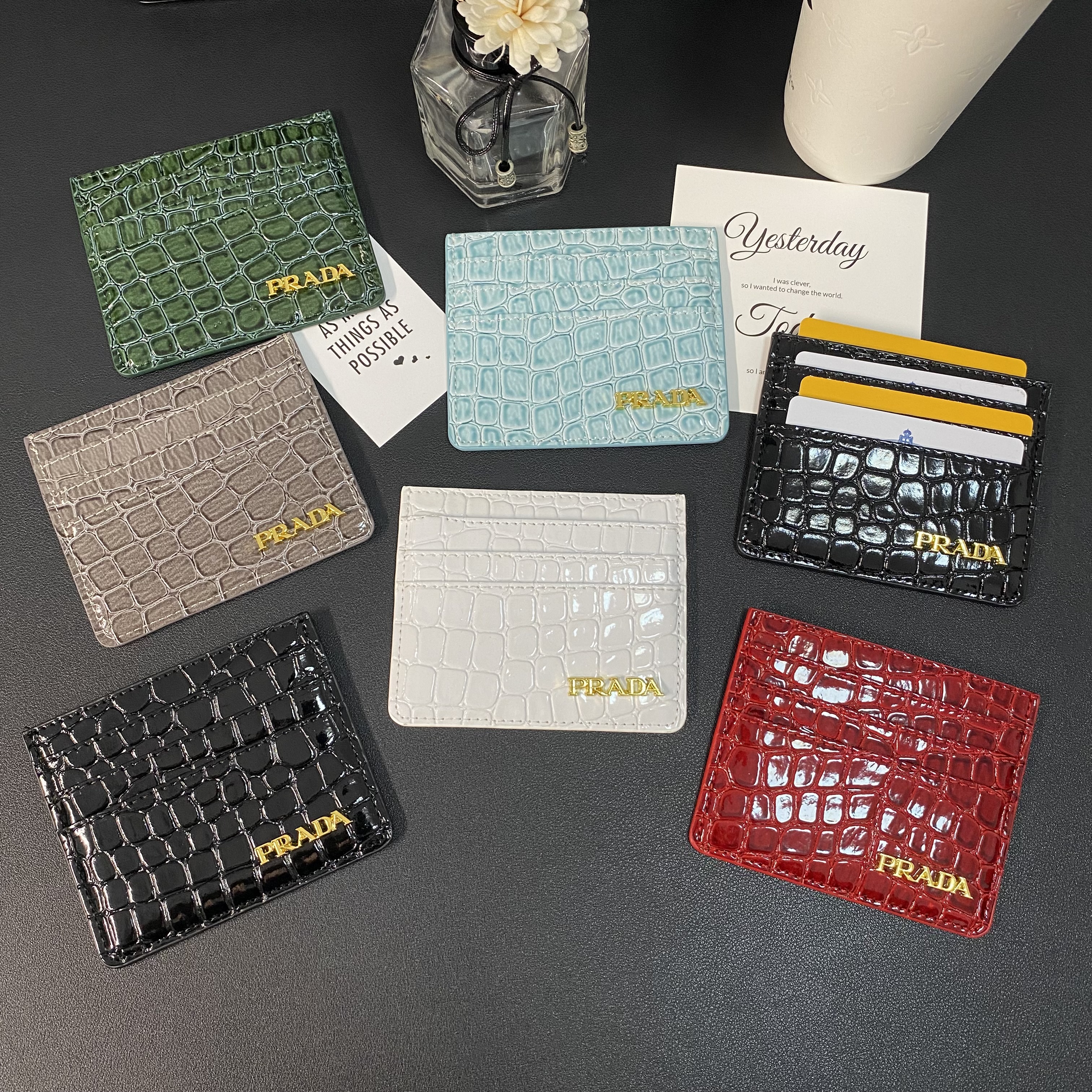 Monogram Prada Metal Logo Card Storage Crocodile Leather Card Holder
