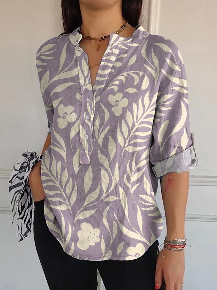 Simple Spring Floral Pattern Printed Women's Casual Long Sleeve Comfortable Cotton Shirt