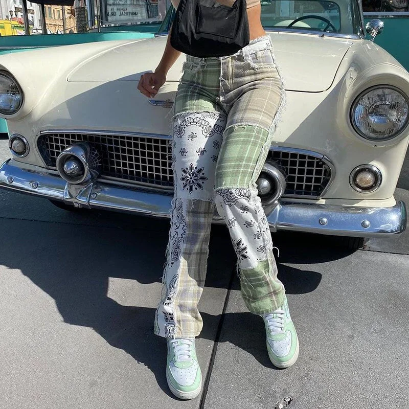 HEYounGIRL Patchwork Vintage Checkered Jeans Women Print Skinny High Waist Denim Pants Ladies Fashion Frill Trousers Female