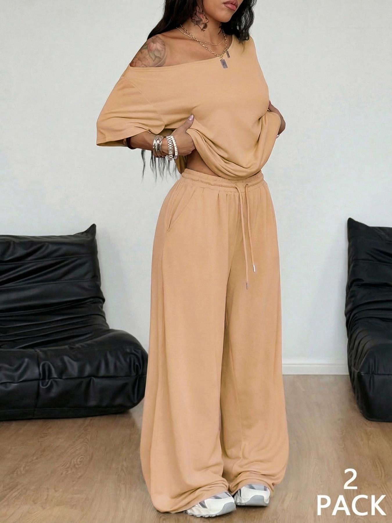 2pcs/Set Women's Minimalist Basic Casual Daily Wear Everyday Going Out Sport Comfortable Baggy Off Shoulder T-Shirt And Wide Leg Pants Two Pieces Outfits