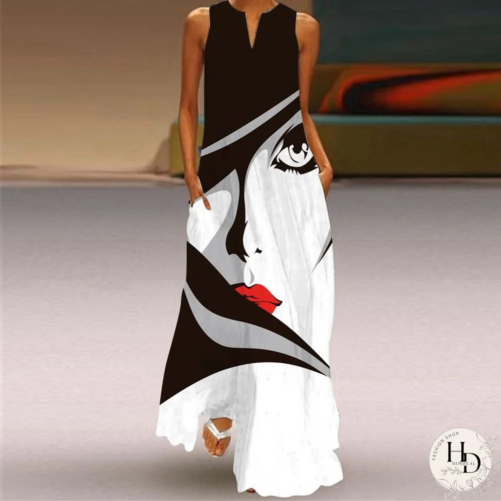 Fashion Sexy Long Skirt Dress with Printed Pockets Black Dresses