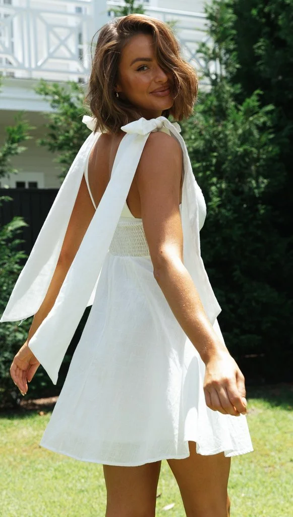 Bowknot Tie-shoulder Solid White Dress