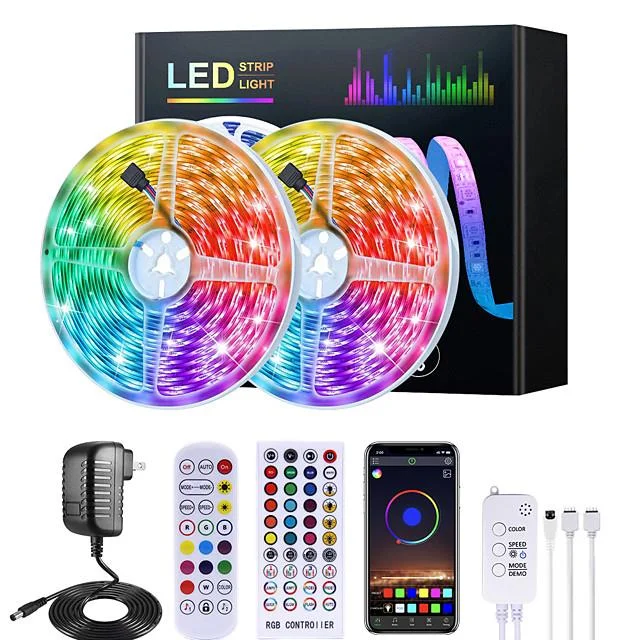 15M RGB LED Strip Lights Music Sync 12V Waterproof LED Strip 5M 10M 20M 5050 SMD Color Changing LED Light with Bluetooth Controller and 100-240V Adapter for Bedroom Home TV Back Light DIY Deco