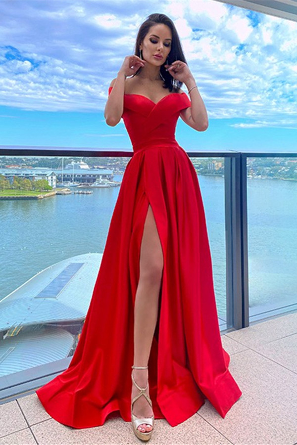 Modern Red Off-the-Shoulder Evening Dress With Split - lulusllly