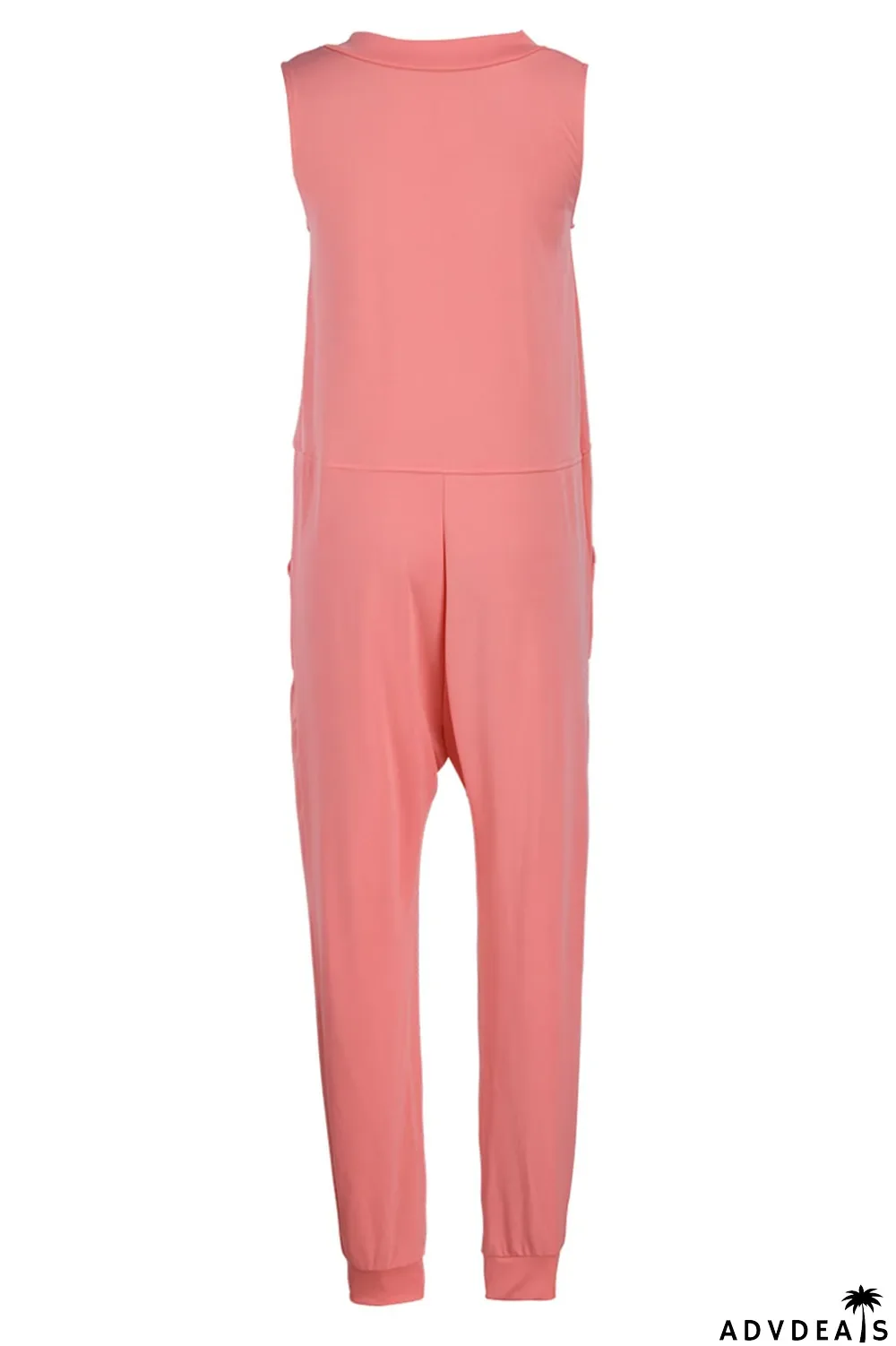 Rose Red Casual Solid Split Joint V Neck Straight Jumpsuits