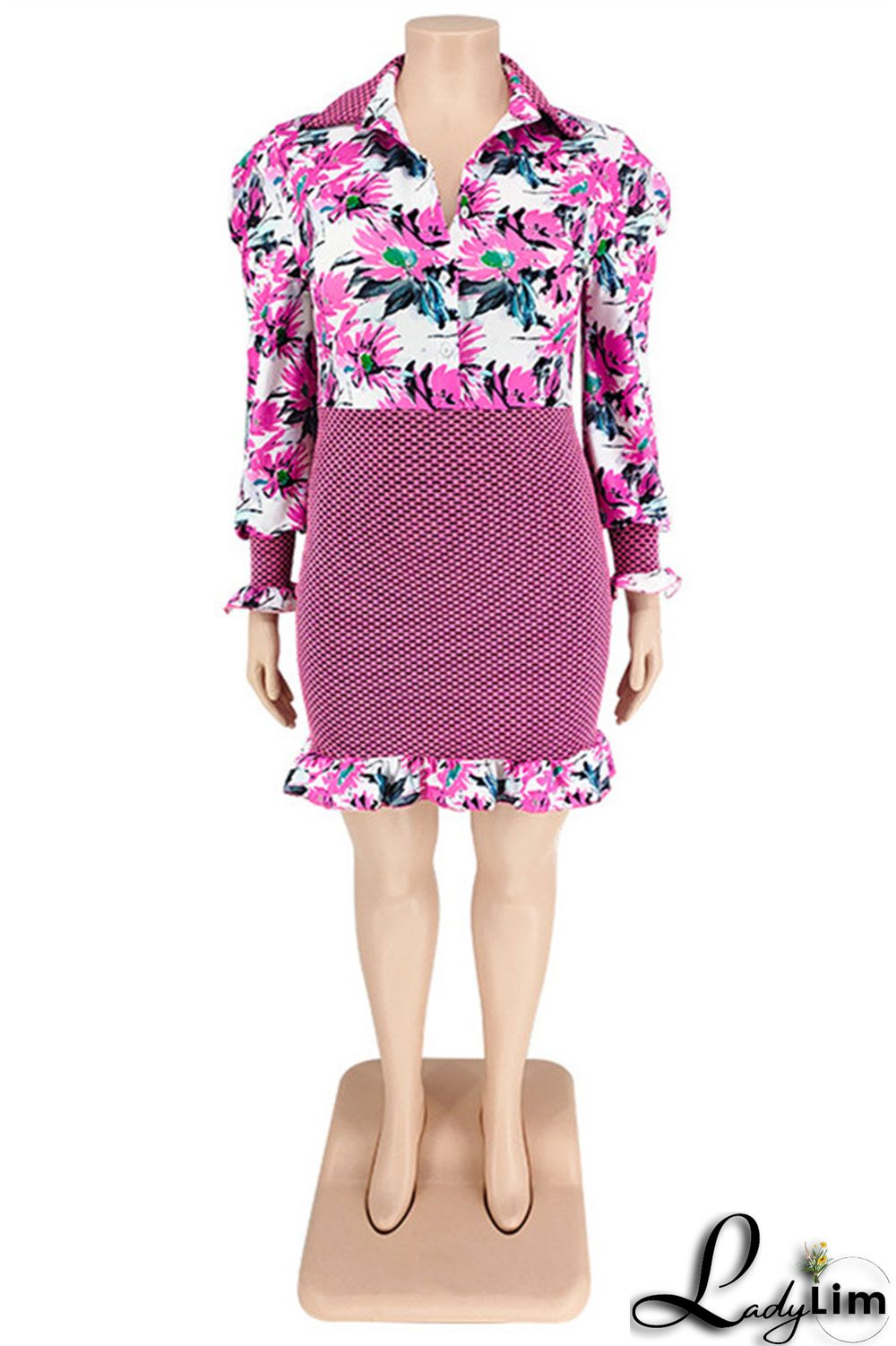 Purple Fashion Casual Print Patchwork Turndown Collar Long Sleeve Dresses