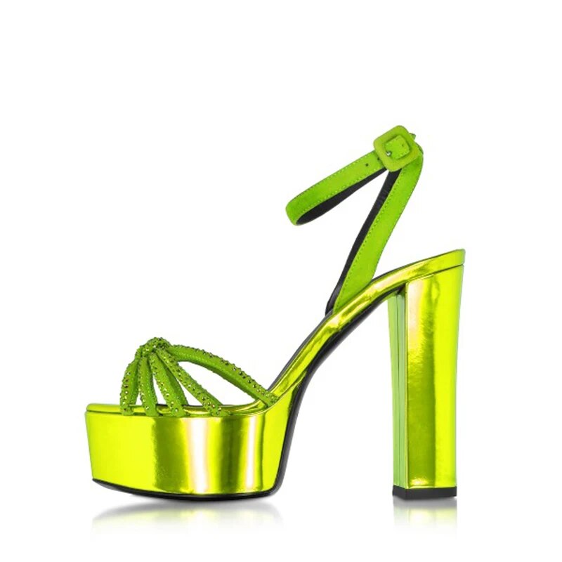 TAAFO Neon Green Prom Crystal Knot Women's Sandals Tie Ankle Strap Platform Ladies High Chunky Heel Evening Party Shoes Big 