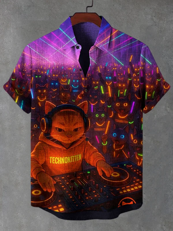 Men's Midnight DJ Cat Print Short Sleeve Shirt