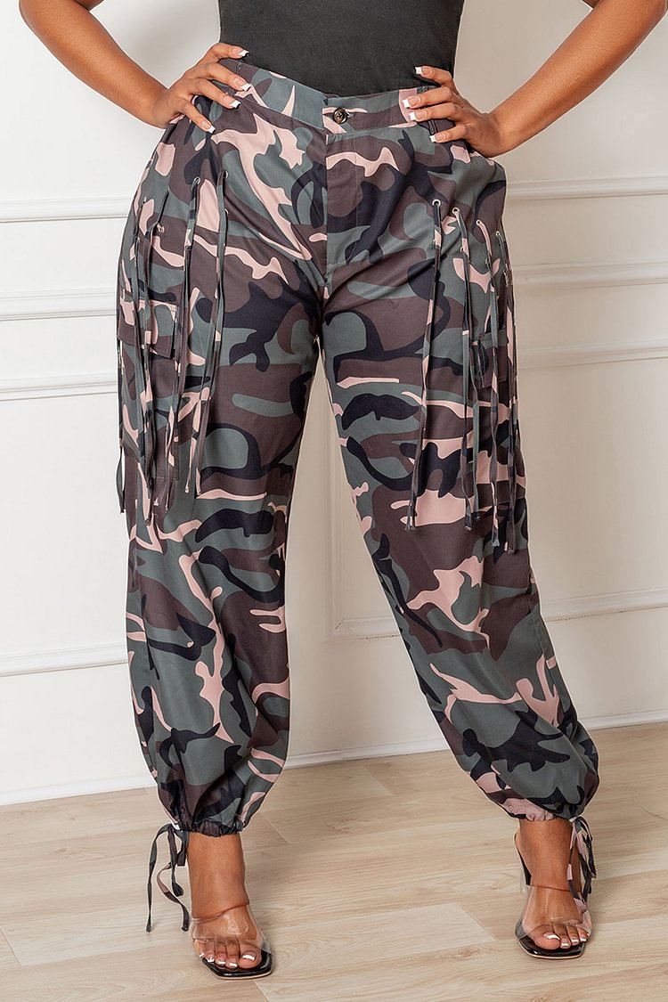 Xpluswear Design Plus Size Casual Camo Tassels Cargo Pants 