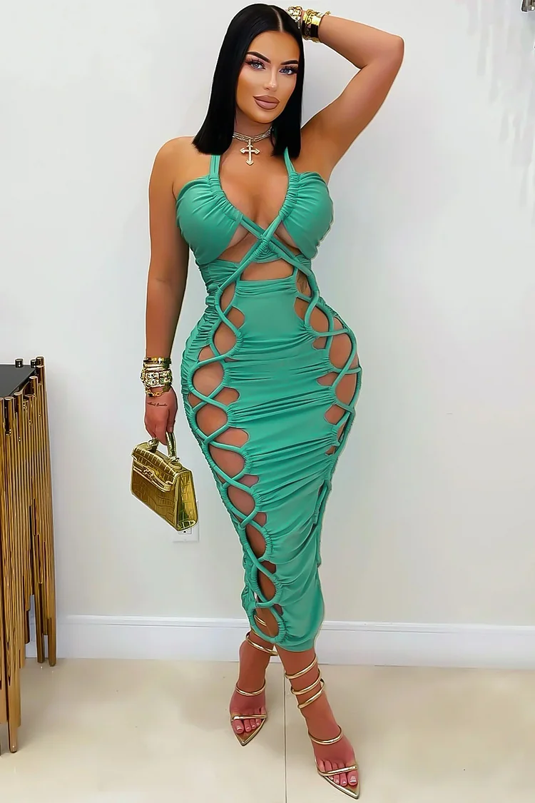 Cross Halter Cutout Lace-Up Bodycon Party Maxi Dresses-Khaki