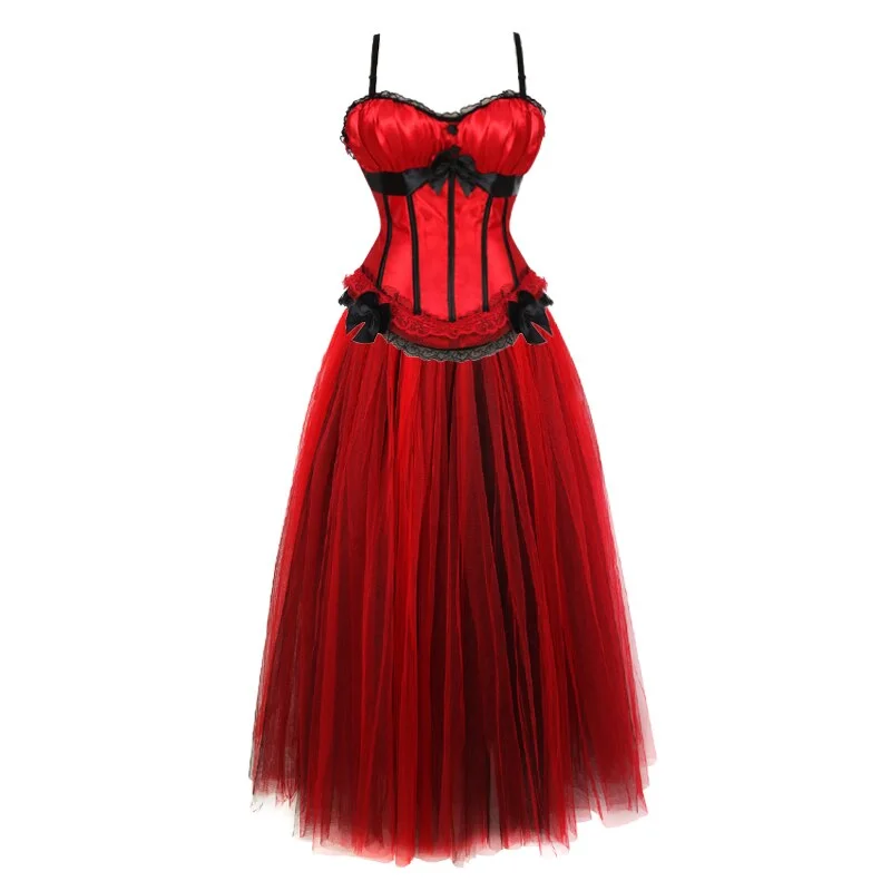 Billionm Women Sexy Lace Overbust Corset Dress Corsets Bustier Top Gothic Strap Steampunk Corset with Long Dancing Skirts S-6XL