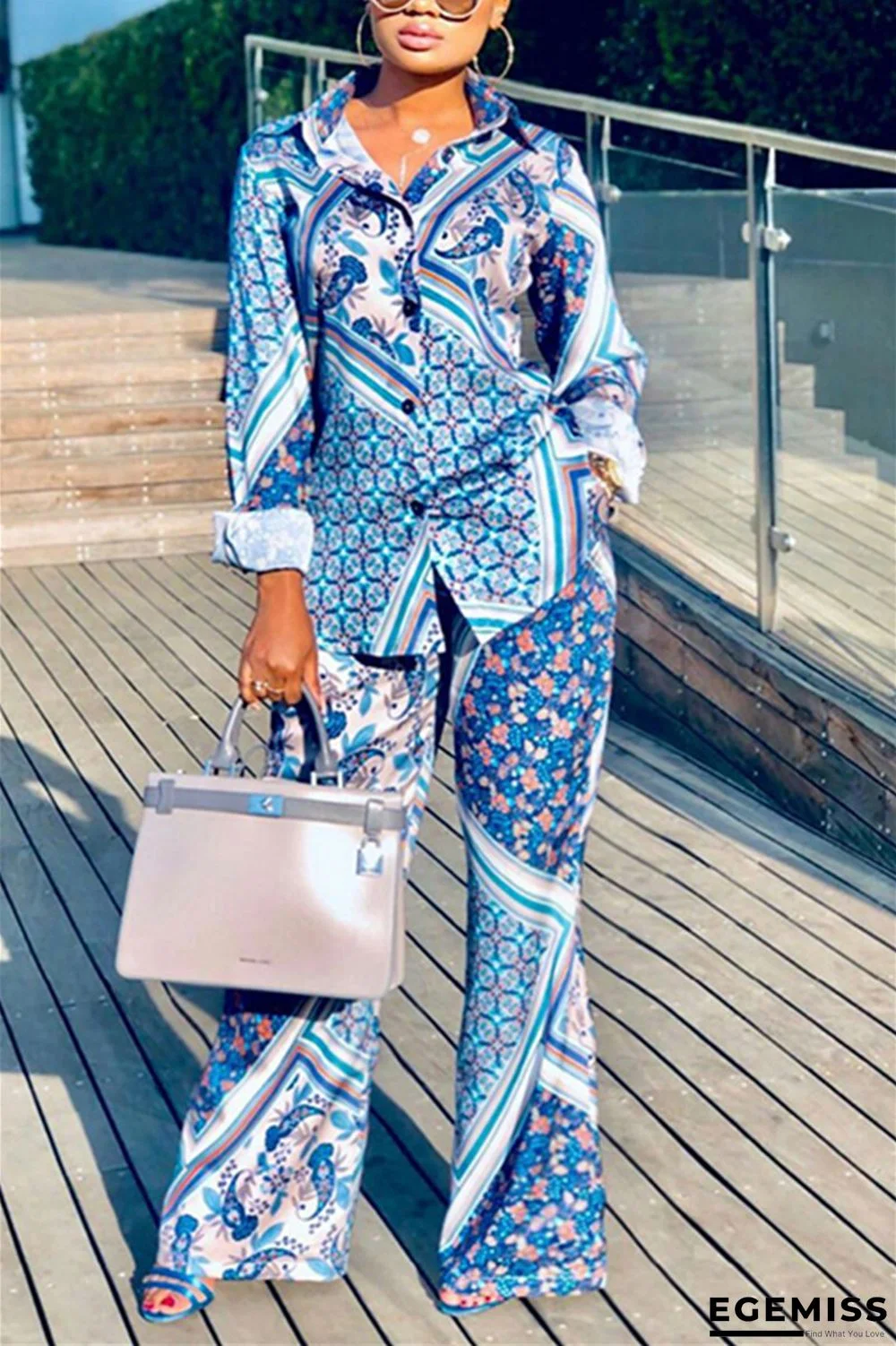 Blue Fashion Sexy Print Long Sleeve Two Piece Set | EGEMISS