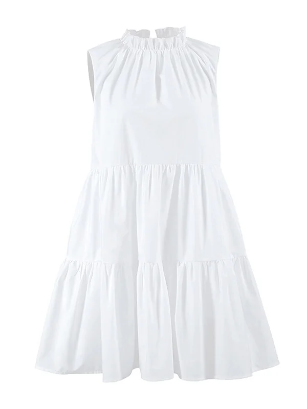 Split-Joint Solid Color Ruffled Pleated Loose A-Line Round-Neck Shirt Dress Mini Dresses
