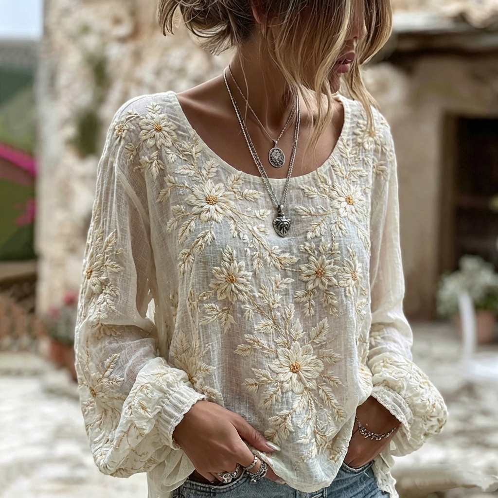 Women's Floral Art Pattern Crew Neck Linen Blend Casual T-shirt elevenforest