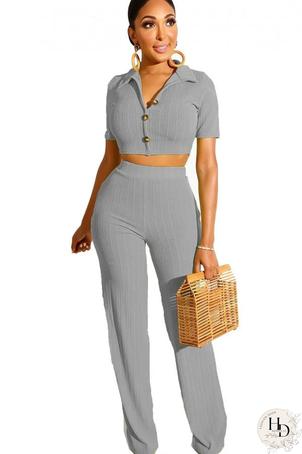 Grey Polyester Casual Solid Straight Short Sleeve Two-piece Pants Set