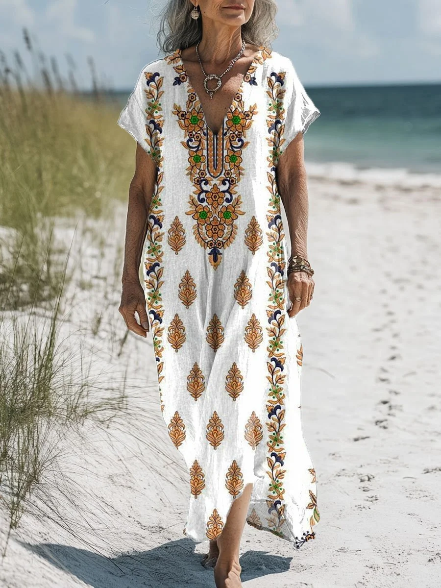 Women's  Floral  Art Print Pocket Cotton Dress