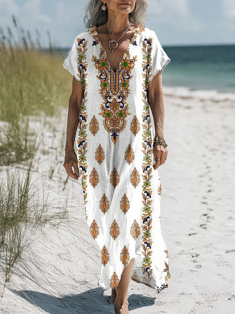 Women's  Floral  Art Print Pocket Cotton Dress