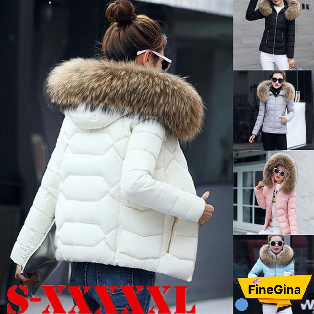 Women Autumn Winter New Fashion Short Coat Cotton-padded Jacket Large Size Hooded Jacket Warm Cotton Female Fur Collar Hoody Parka XS-XXXL
