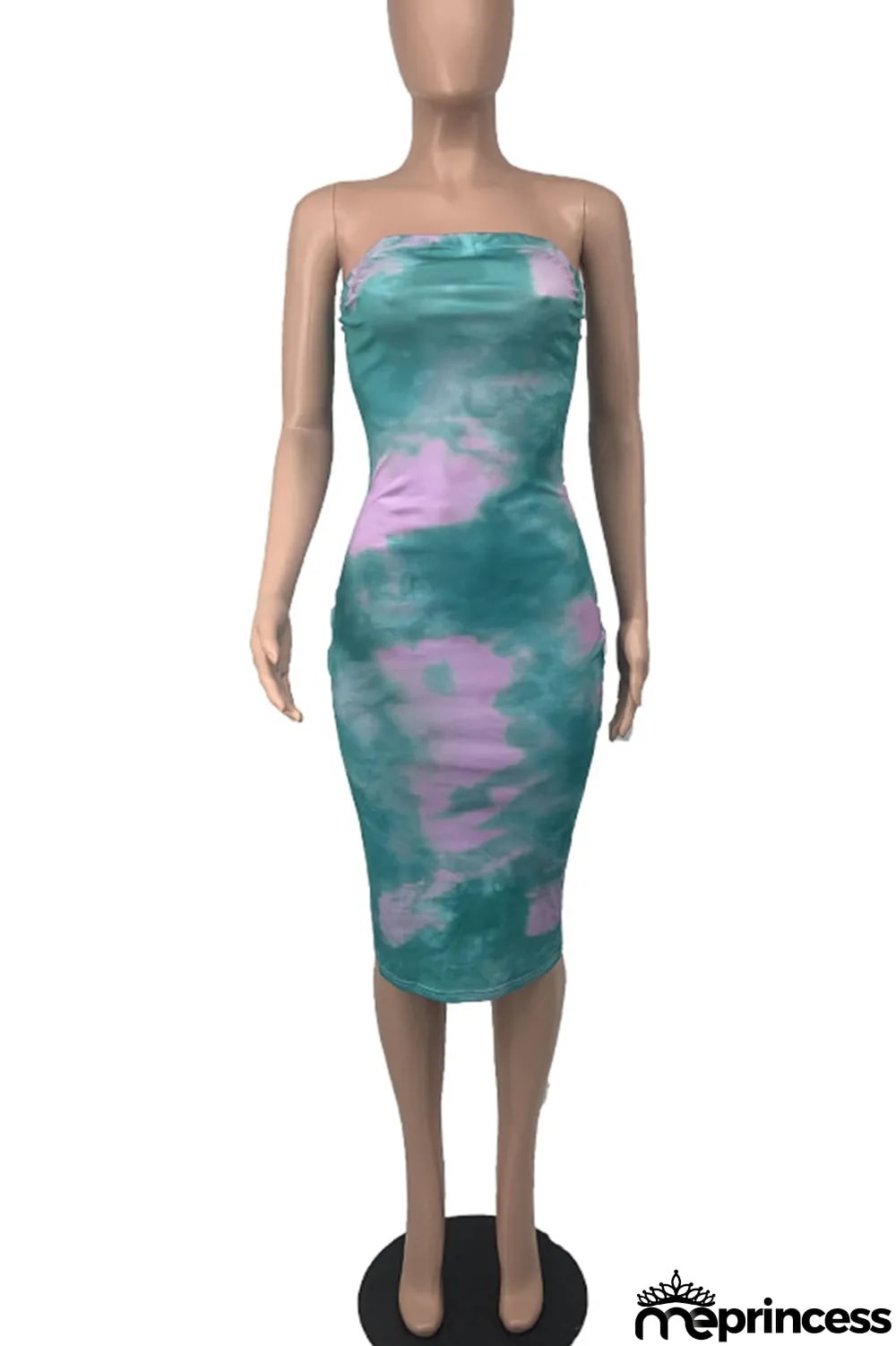 Deep Blue Sexy Patchwork Tie-dye Strapless Pencil Skirt Dresses