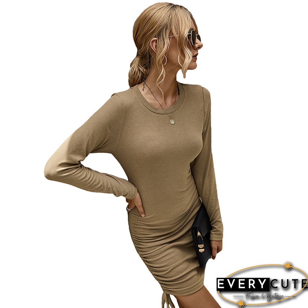 Khaki Long Sleeve Pleat Bodycon Dress