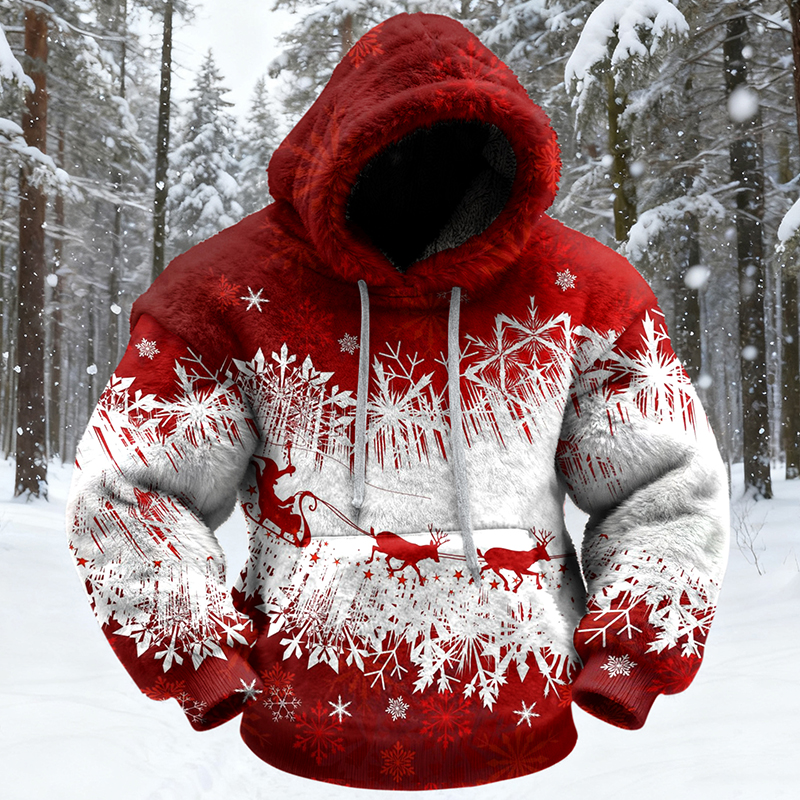Men's Vintage Christmas Santa Claus Elk Snowflakes Art Cozy Plush Hoodie elevenforest