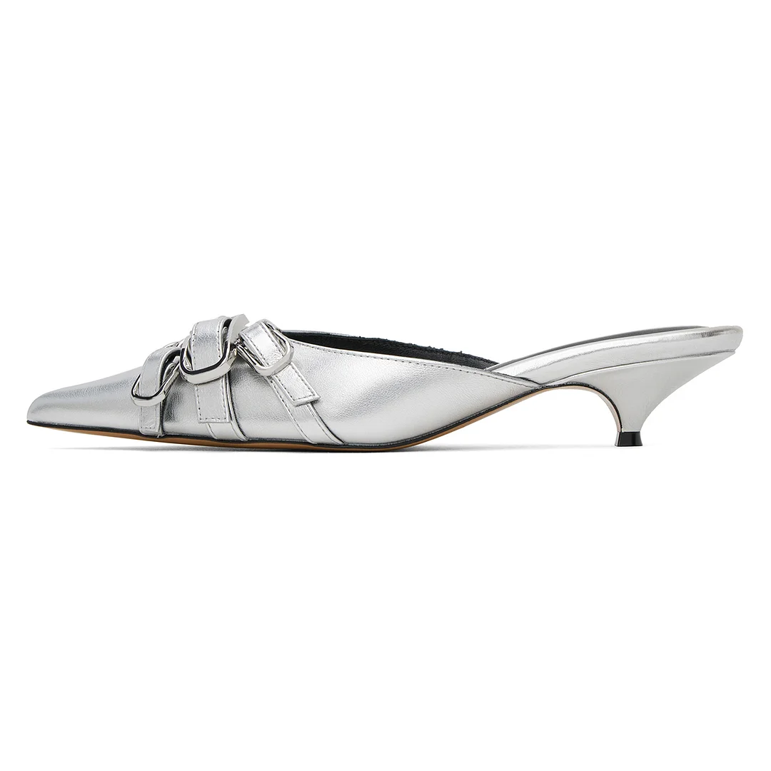Silver Metallic Finish Pointed Toe Buckle Straps Kitten Heeled Mules