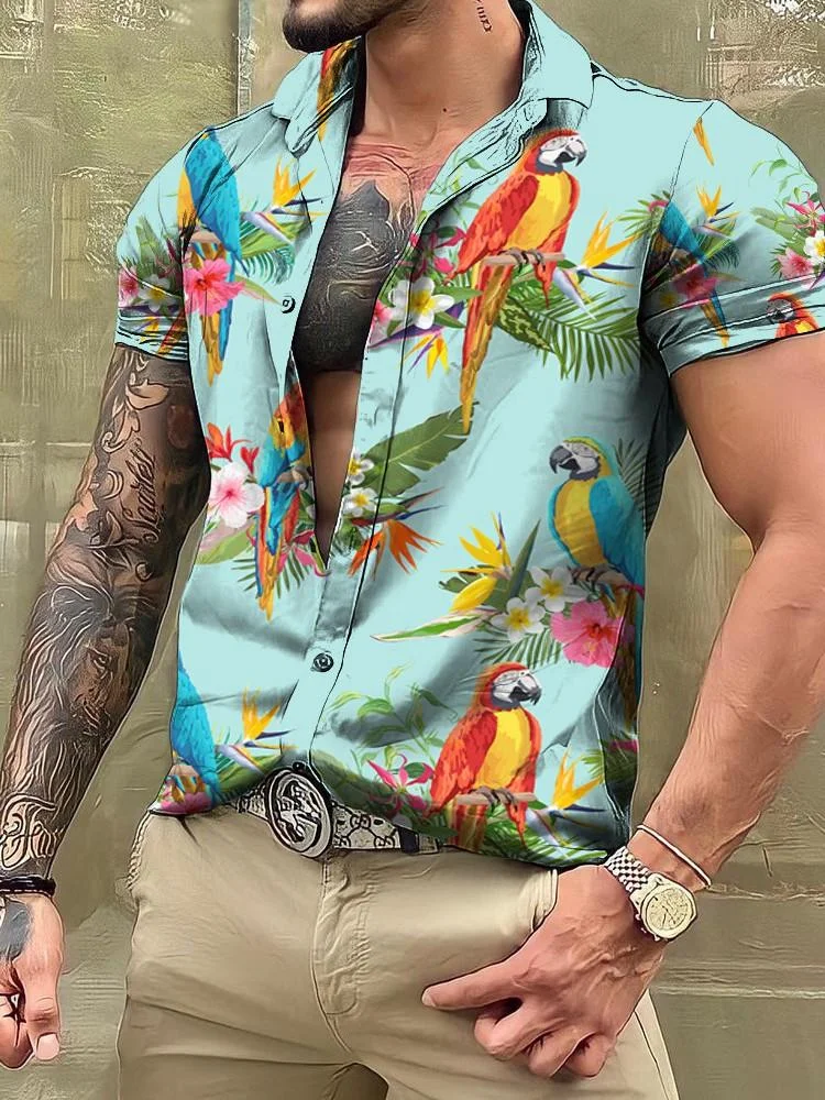 Men's Hawaiian Parrot Print Short Sleeve Shirt at Hiphopee