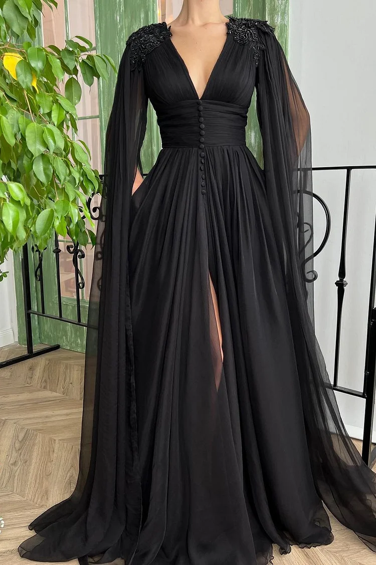 Hellodresses Elegant Black Deep V Neck Tulle Maxi Cocktail Evening Party Dress Front Split Ruffle Sleeves
