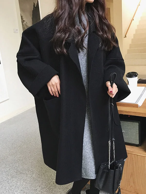 Elegant Loose Khaki Notched Collar Buttoned Pockets Long Sleeves Woolen Coat