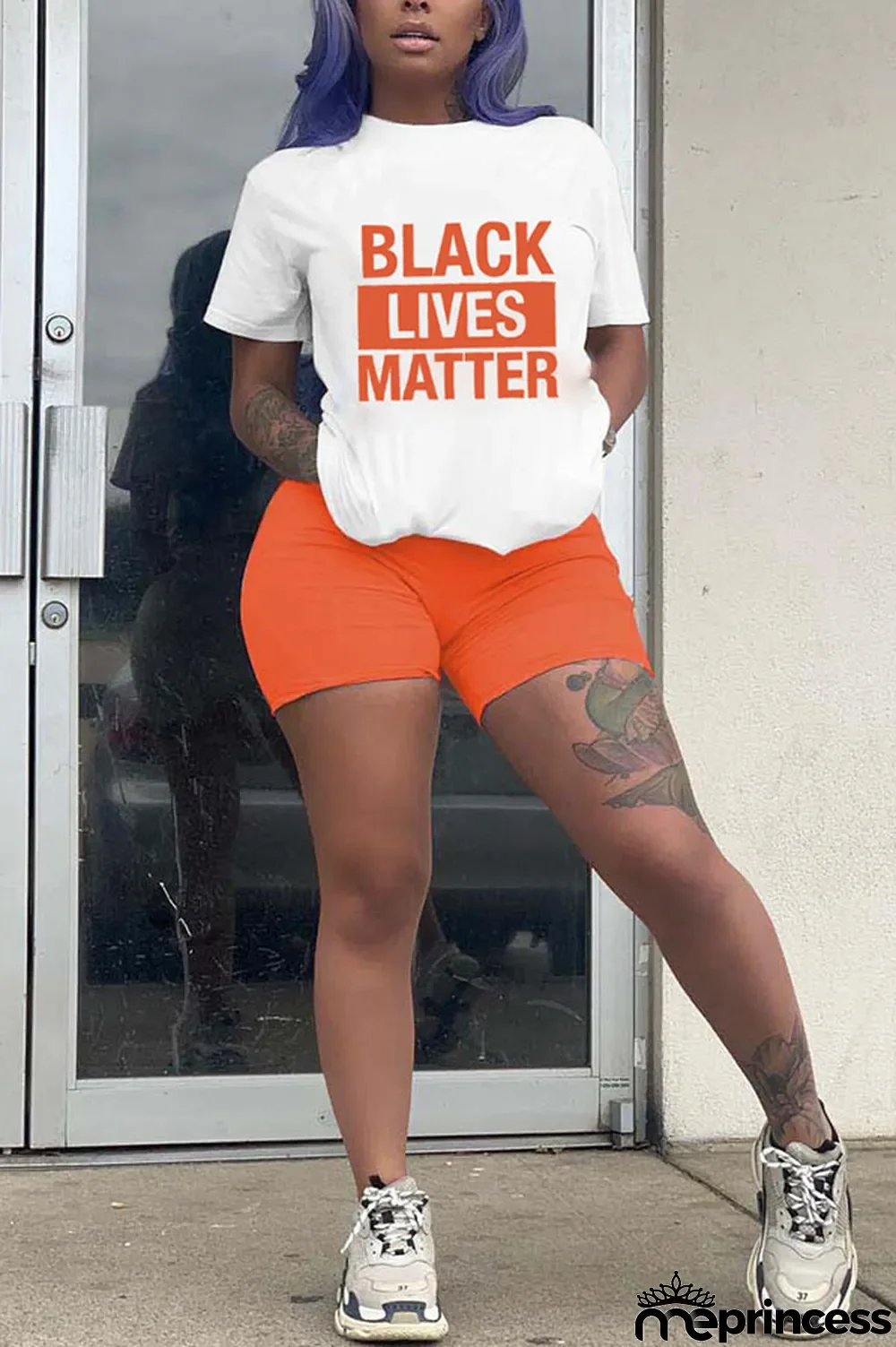 Orange Polyester Fashion Casual Letter Print Two Piece Suits pencil Short Sleeve Two Pieces