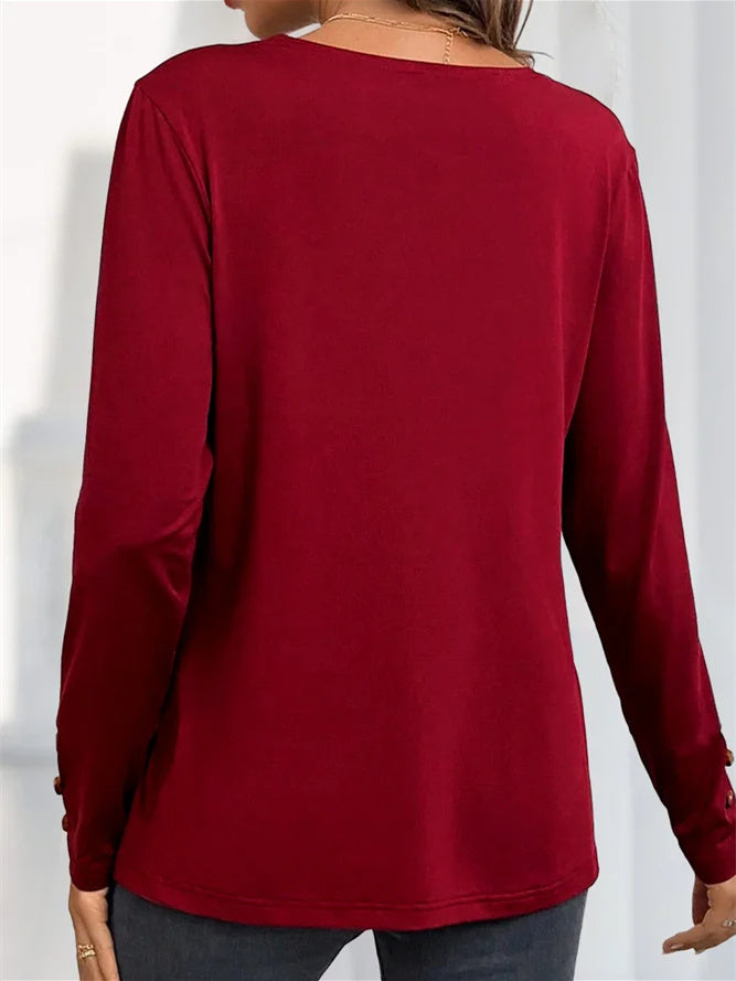 Women Long Sleeve V-neck Solid Button Tops