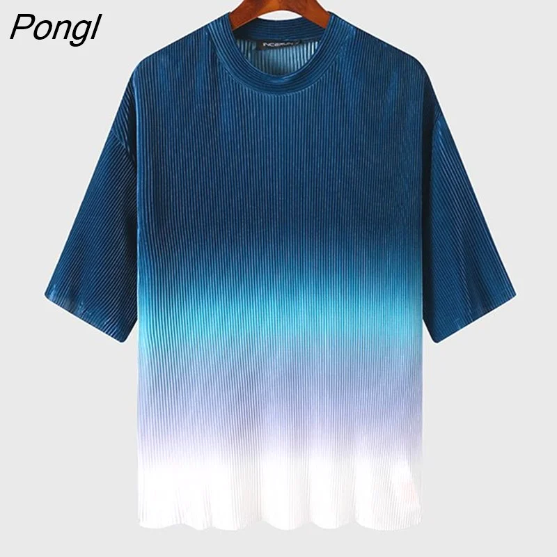 Pongl Fashion Men T Shirt O-neck Half Sleeve Tie Dye Gradient LooseStreetwear Men Clothing 2023 Folds Casual Camisetas S-5XL