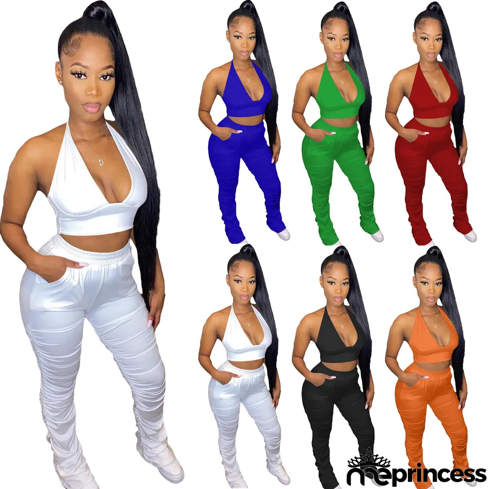 Sexy Solid Halter Low Back Crop Vest Pleated Pants Two Piece Set