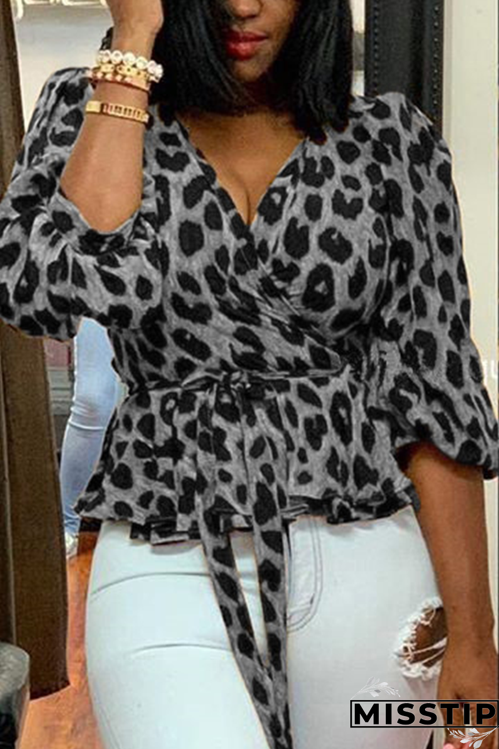 Grey Street Leopard Bandage V Neck Tops