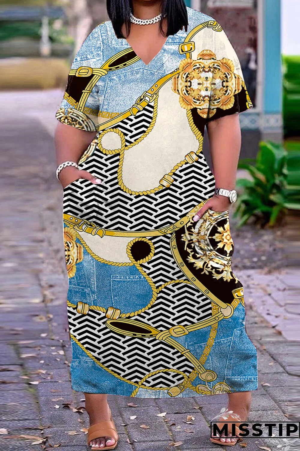 Dark Blue Casual Print Patchwork V Neck Short Sleeve Dress