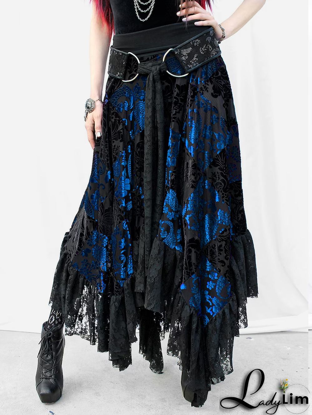 Fashion Colorblock Lace Buckle Belt Asymmetric Hem Velvet Midi Skirt
