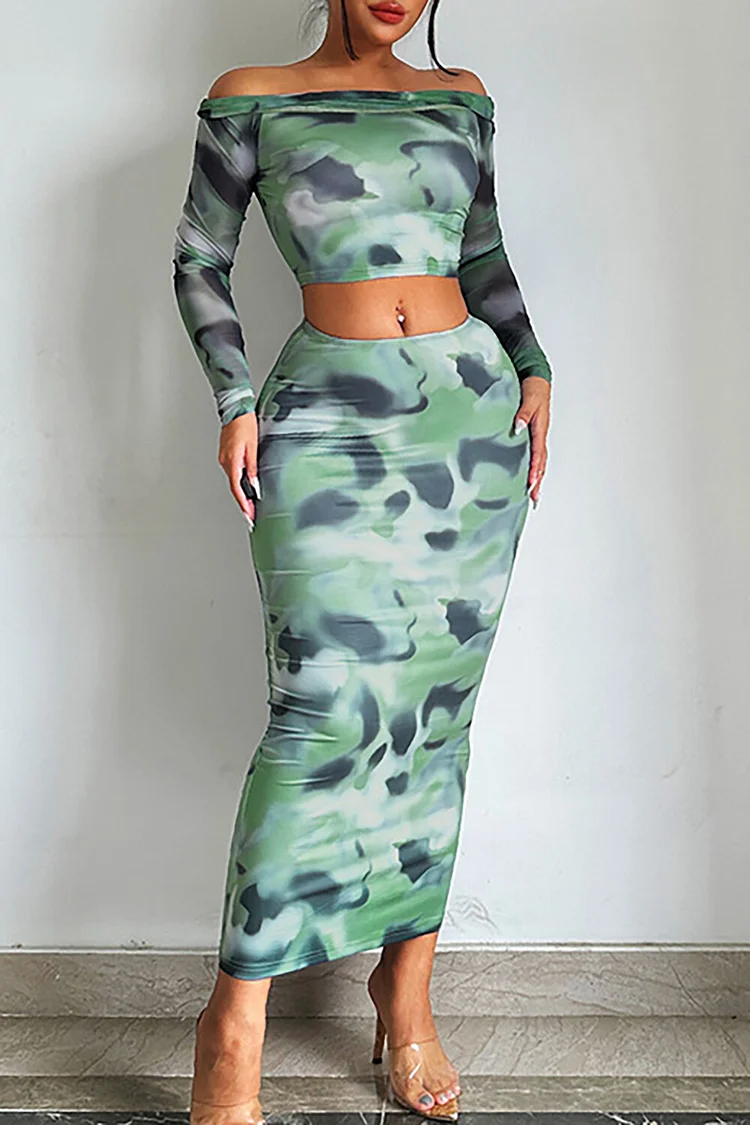 Tie Dye Print Long Sleeve Crop Top Bodycon Midi Skirt 2pcs Set-Green