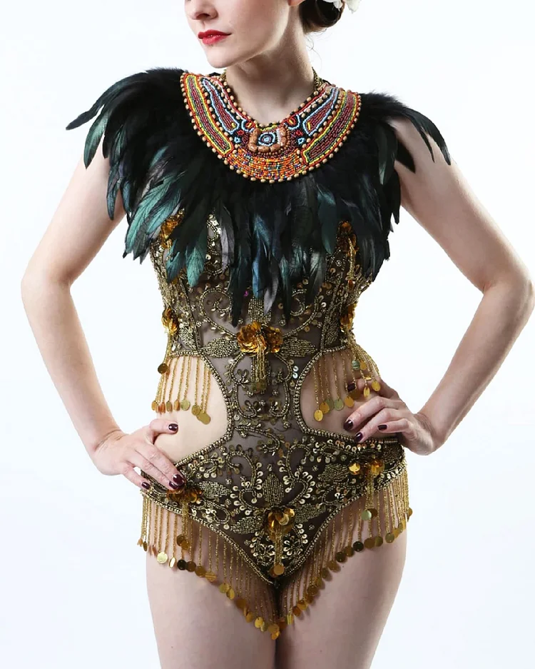 Music Festival Colored Rhinestone Feather Cape Mini Jumpsuit