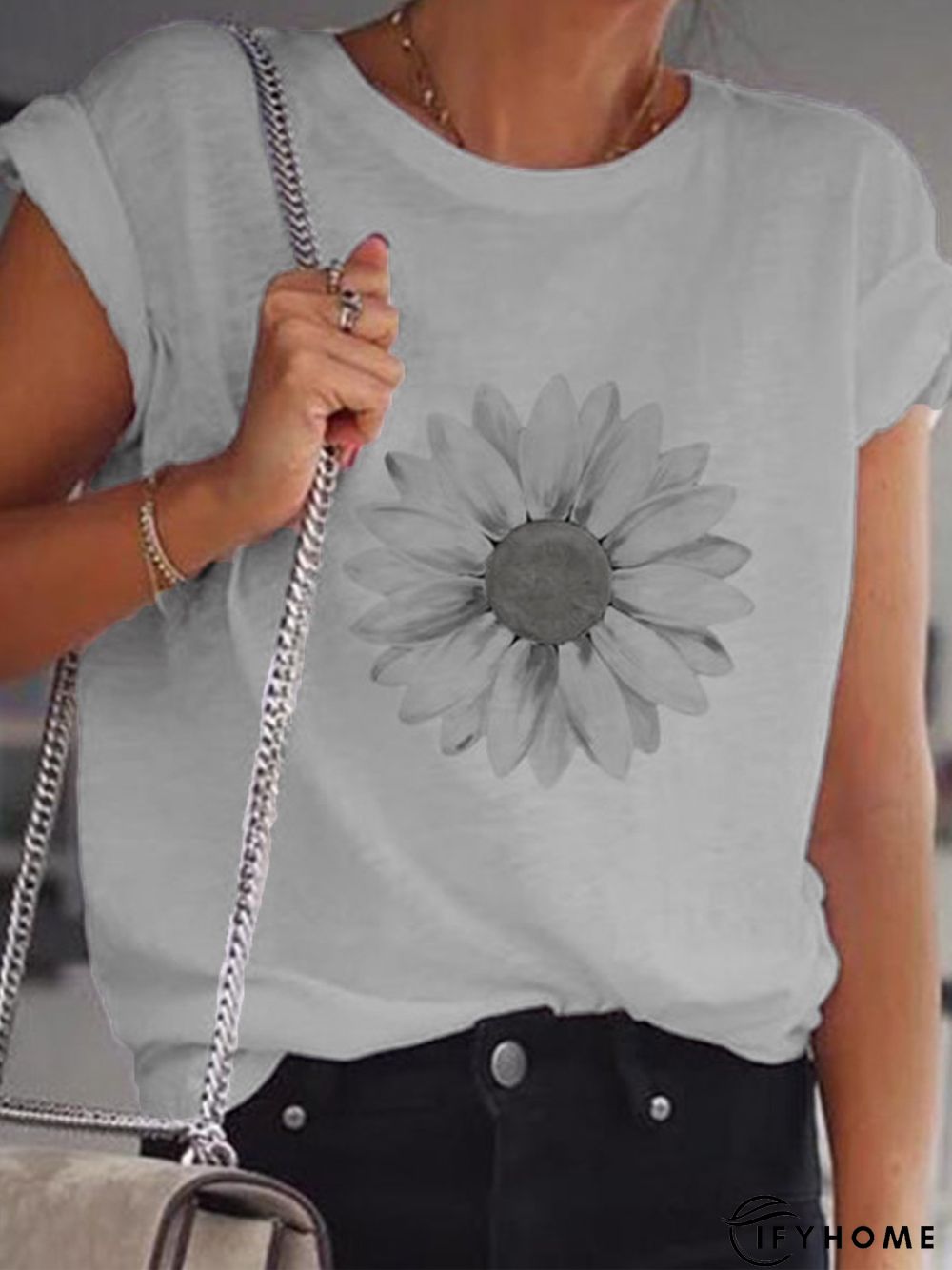 White Round Neck Printed Casual Tops | IFYHOME