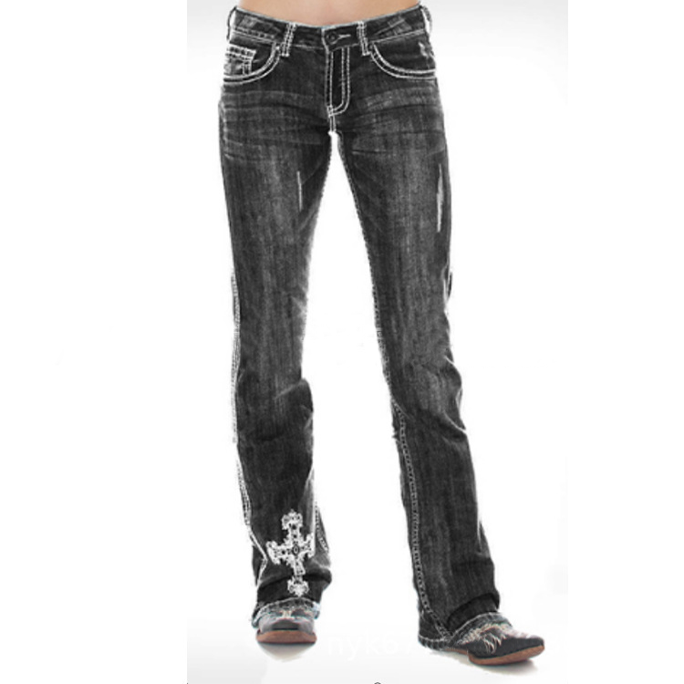 Vintage Cross Embroidery Washed Slim Jeans wearshes