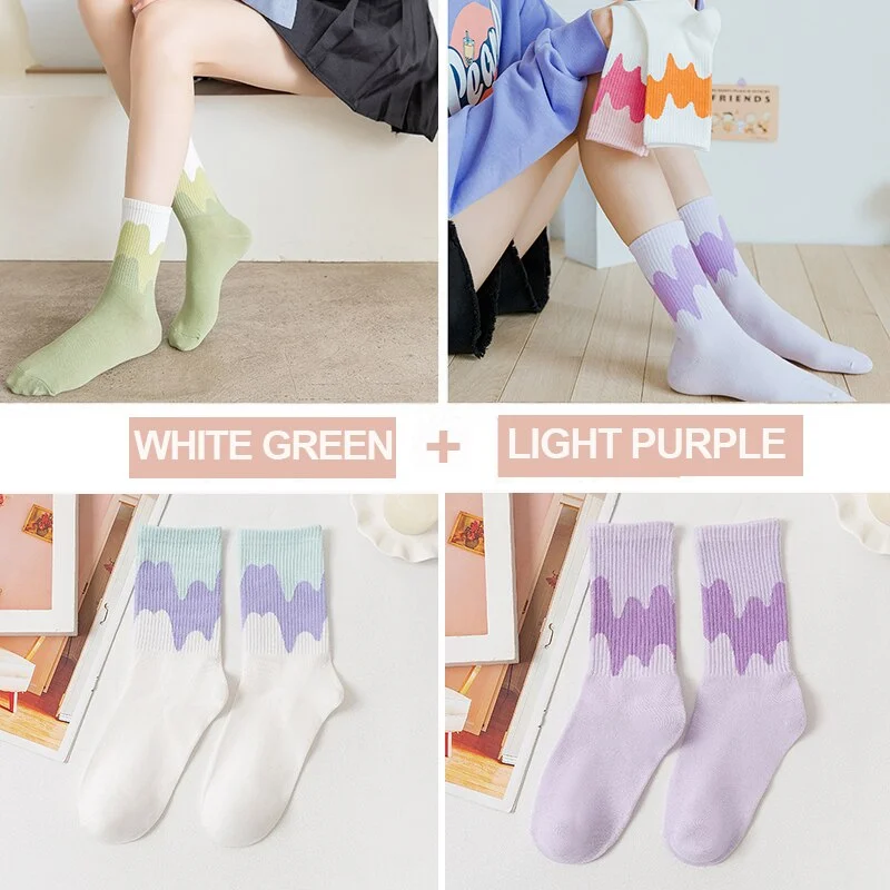 FINETOO 2Pairs/lot Women Midi Tube Socks Female Autumn Winter Candy Colors Korean Japanese Stitching Cotton Girls Graffiti Sock
