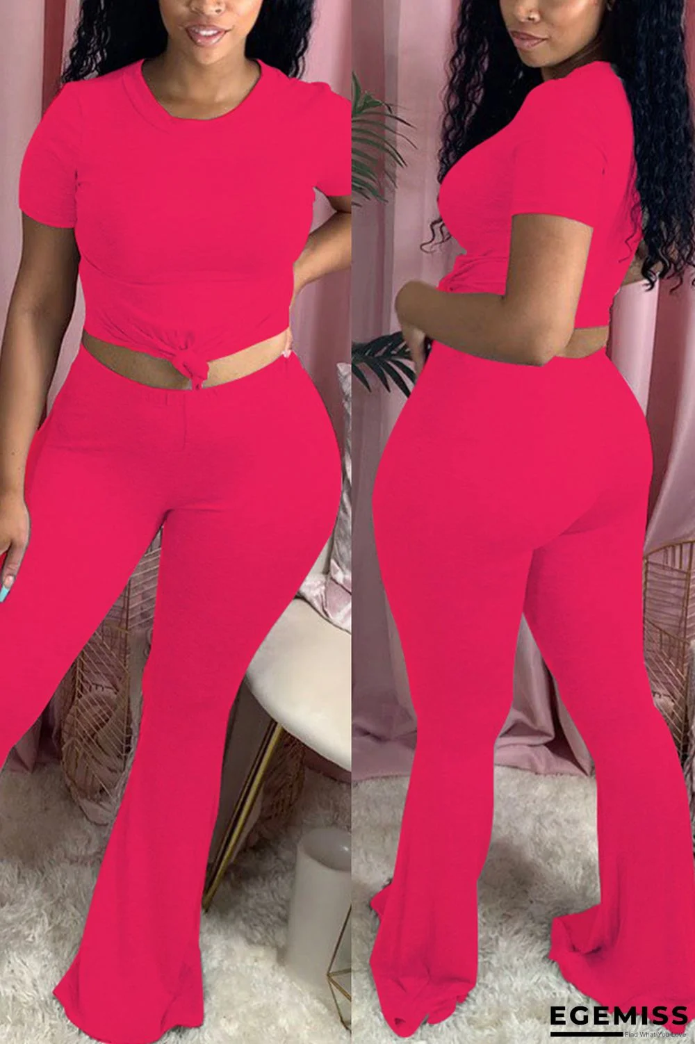 rose red Fashion Casual adult Ma'am Solid Two Piece Suits Loose Short Sleeve Two Pieces | EGEMISS