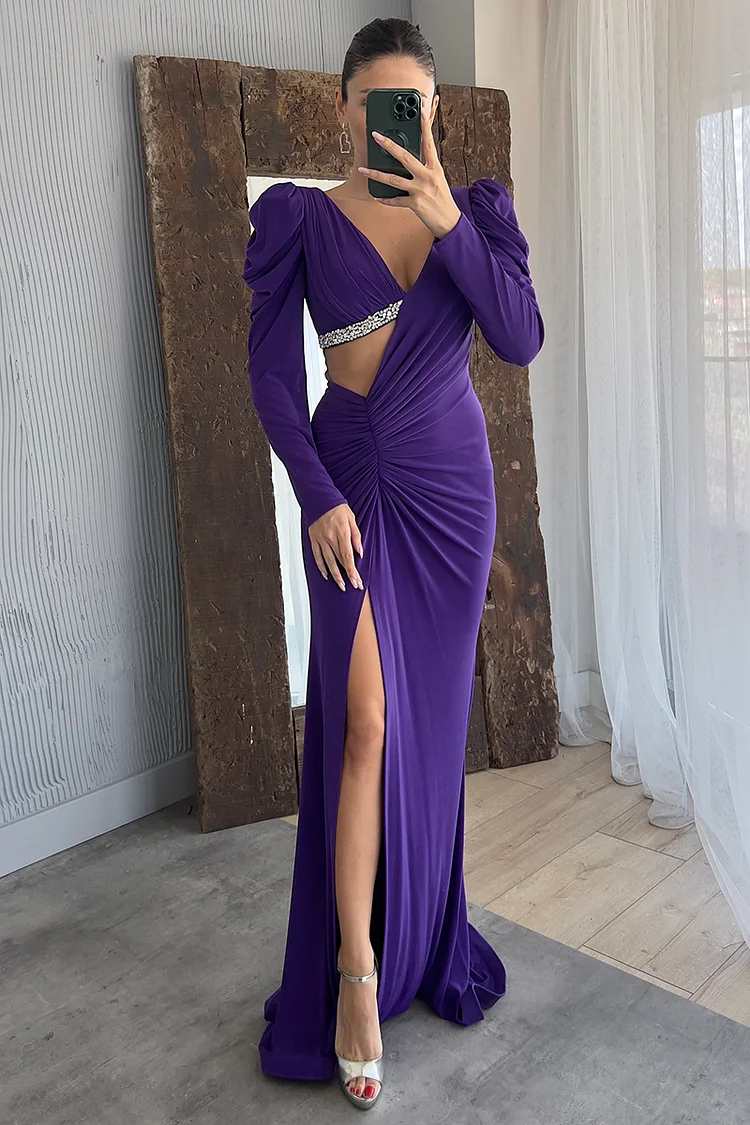 Deep V Neck Juliet Sleeve Cutout Ruched Slit Gowns Maxi Dresses-Purple [Pre Order]