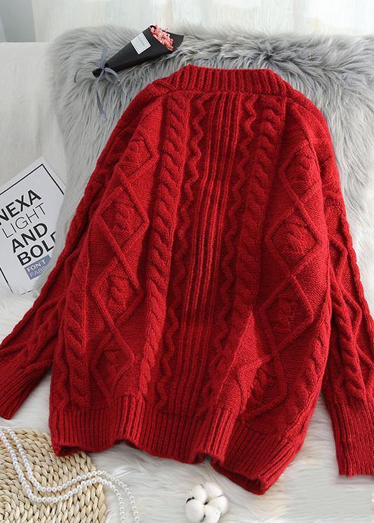 FineGina Comfy red knit jacket oversized spring two pockets knitwear