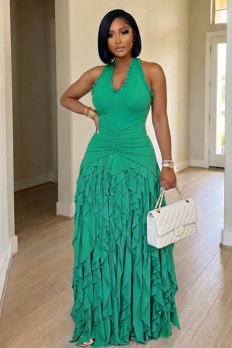 green halter backless maxi dress Open-Back Long Halter Prom Dress with Train Forest Green / Large