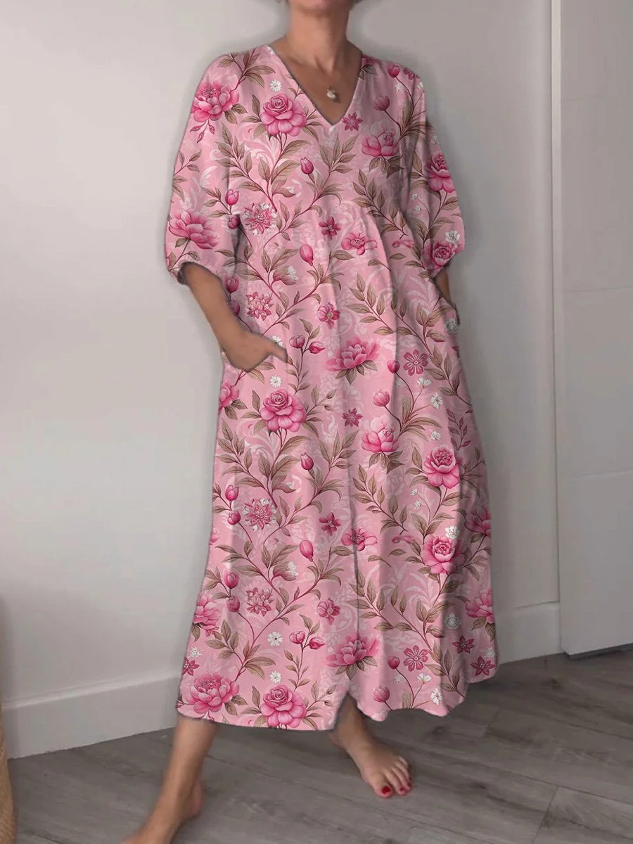 Sweet Peony Floral Pattern Printed Women's Pocket V-Neck Cotton Dress
