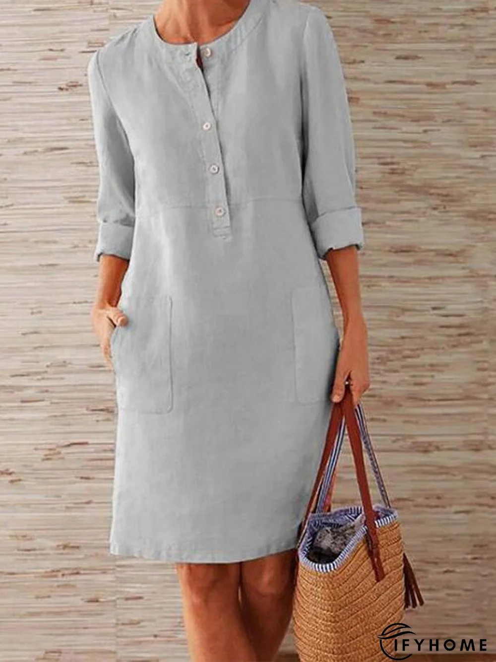 Solid Color Stand Collar Long Sleeve Buttoned Dress | IFYHOME