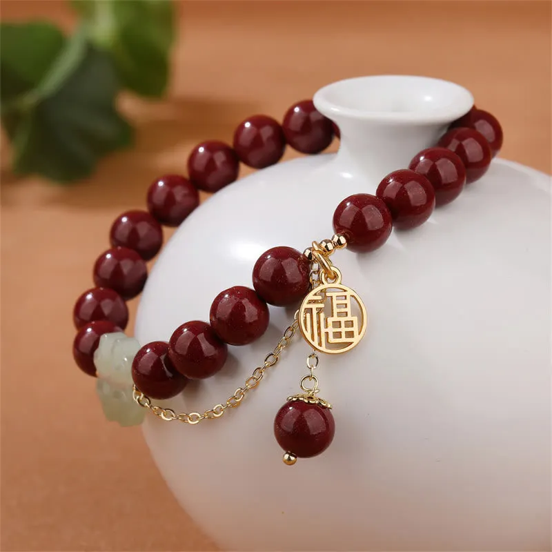 Cinnabar Fu Character Hetian Jade Lucky Four Leaf Clover Blessing Bracelet